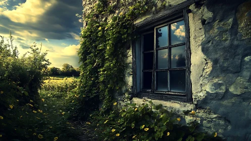 Weathered stone wall with ivy-covered window faces field edge