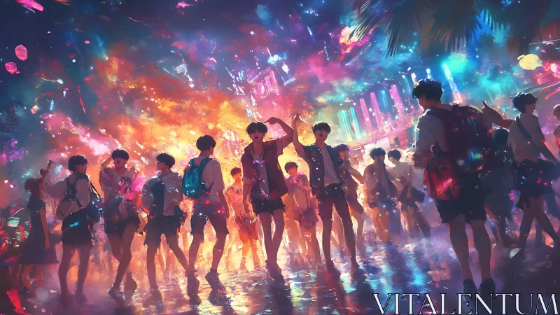 Teen festival crowd glowing under neon night skies.