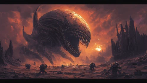 Colossal alien beast confronts armored soldiers on hellish plain.