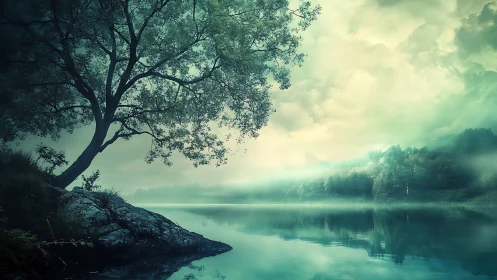 Misty lakeside tree under cinematic teal atmospheric light.