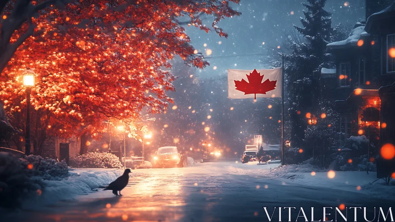 Canadian winter street glows under snow and maple lights.