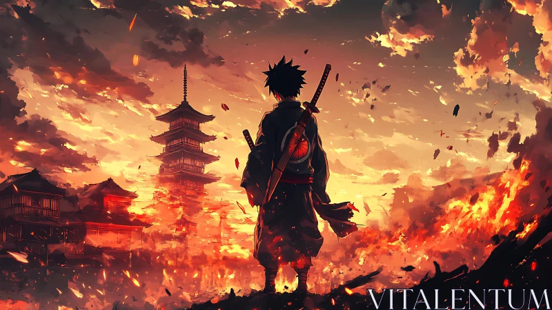 Lone samurai overlooks burning pagoda at sunset horizon.