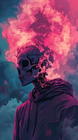 Flaming cranial skeleton in neon vapor clouded atmosphere.