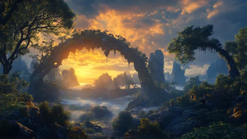 Fantasy sunrise through stone arches over misty valley.