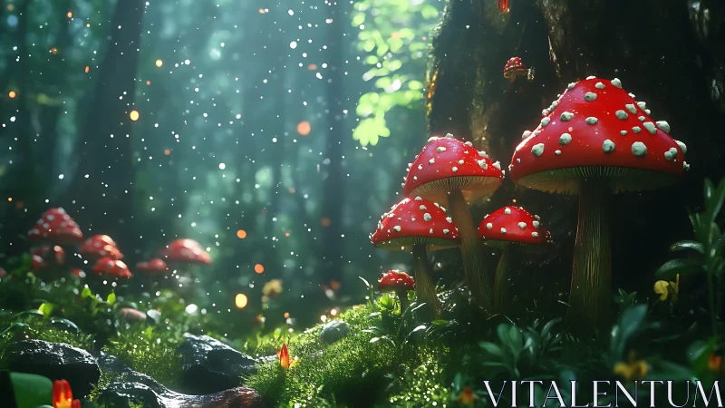 Digital painting of luminous forest toadstools in bokeh haze.