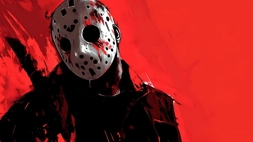 Hockey mask slasher against stark red backdrop.