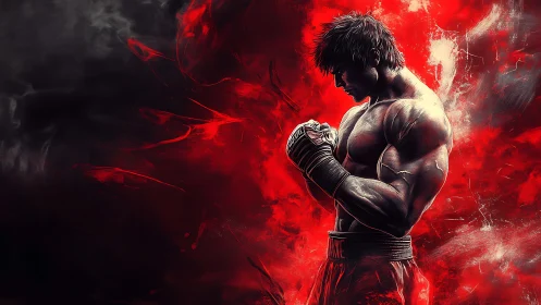 Digital painting of muscular boxer in red vapor cloud profile