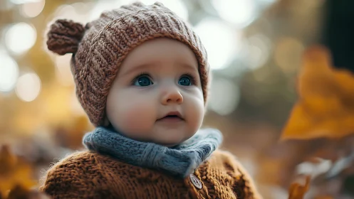 Toddler in Autumn Knitwear: Soft-Focus Portrait Study.