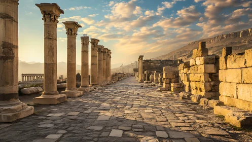 Ancient colonnaded street glows under warm sunset light.