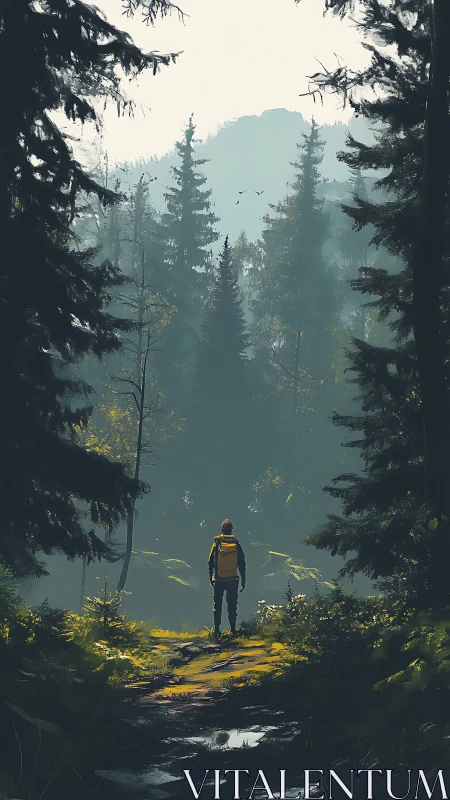 Backpacker's Reverie Through Misty Pines.