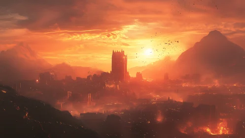 Apocalyptic Fantasy Cityscape at Sunset.
