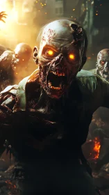 Glowing eyed zombie strides through a fiery ruined street.