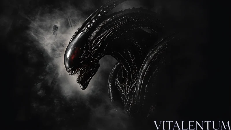 Biomechanical xenomorph profile in high-contrast shadow study.