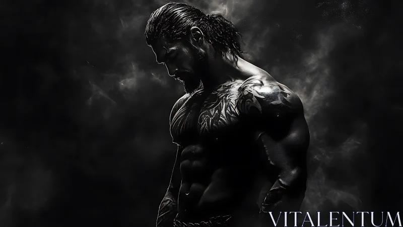 Muscular male figure stands in profile amid low key smoke