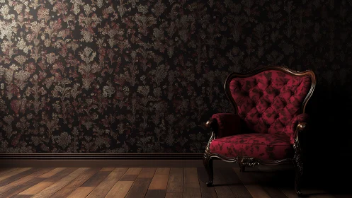 Baroque armchair against dark floral damask wall in low key lighting
