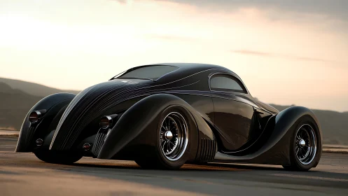 Sleek retro-futuristic coupe gliding into a golden sunset.