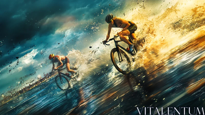High-speed cyclists slice through explosive water and light