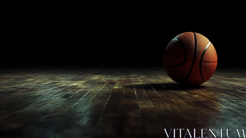 Single basketball rests on dimly lit hardwood court surface