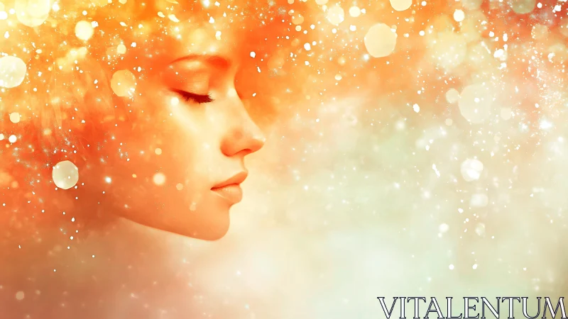 Dreamy female profile with abstract orange light effects, digital art.