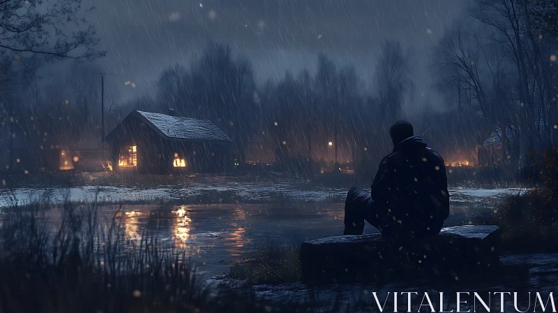 Solitary figure beside cabin reflecting in storm-lit pond.