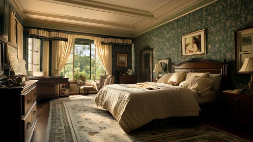 Sunlit classic bedroom with elegant wooden furniture details.