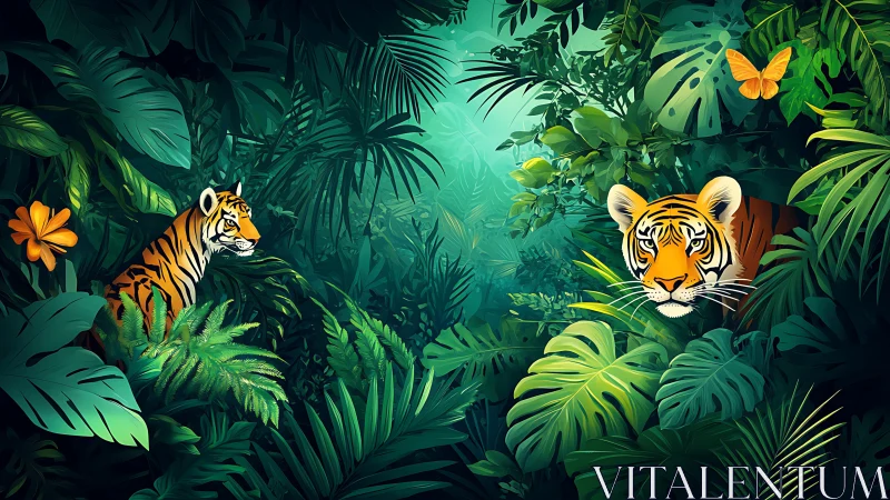 Two Tigers in Luminous Jungle: Digital Painting With Tropical Foliage
