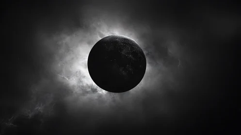 Lunar silhouette framed by haloed nebular backlight in space.