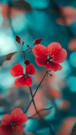 Shallow depth-of-field floral composition with vibrant red geranium petals against turquoise bokeh b