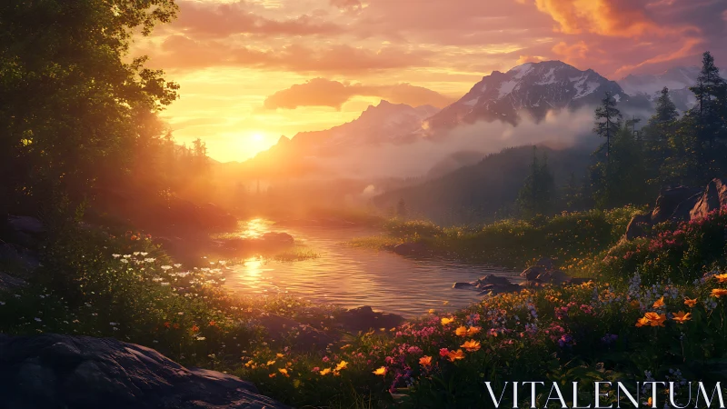 Sunset river braids gold through a wild alpine flower stage