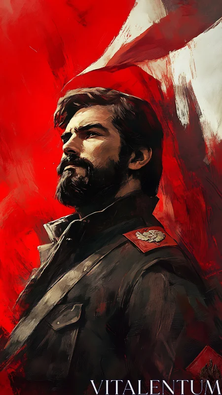 Bearded officer in red uniformed portrait with flag background.