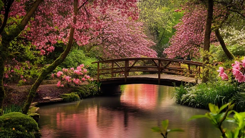 Gentle spring bridge over a blossom-lined garden stream.