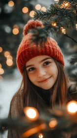 Smiling girl in red knit hat framed by glowing winter lights