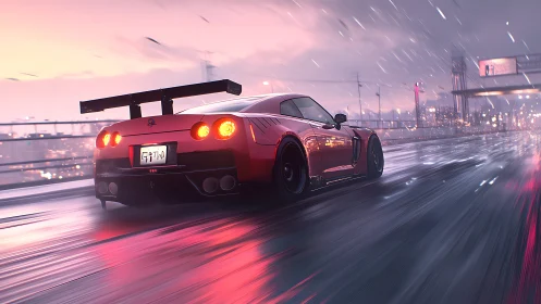 Red tuner car accelerates on neon soaked rainy highway.