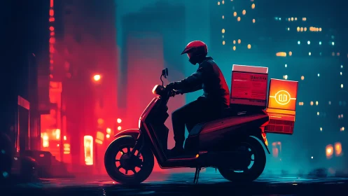 Courier on electric scooter crosses neon cyberpunk city street