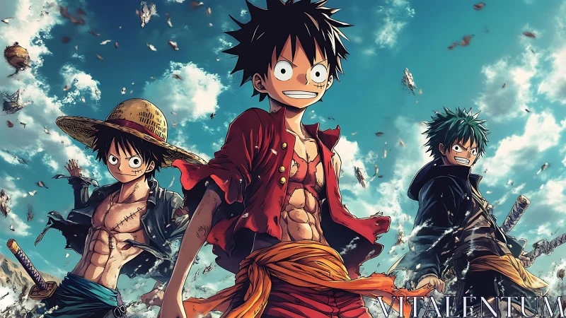 Dynamic anime heroes stride forward under turbulent sky