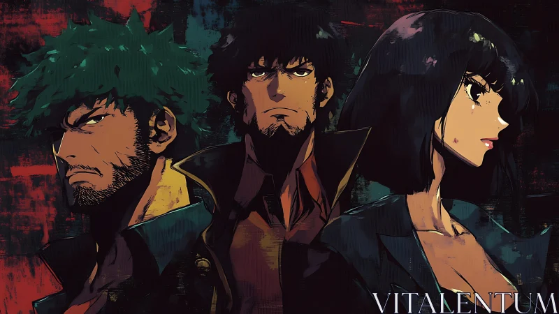 Neo-noir anime trio in textured painterly lighting portrait.