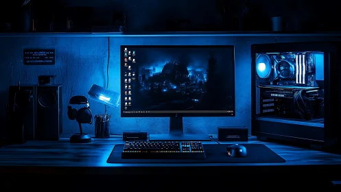 Blue-lit enthusiast battlestation with exposed gaming hardware.