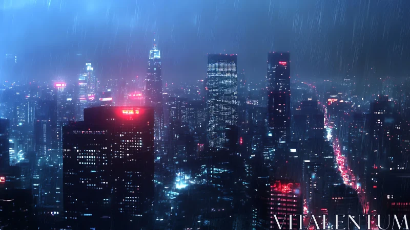 Neon rainstorm over sleepless cyber towers at midnight.