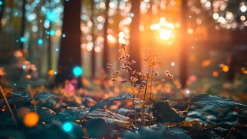 Wildflowers in glowing forest light with floating sparkles.