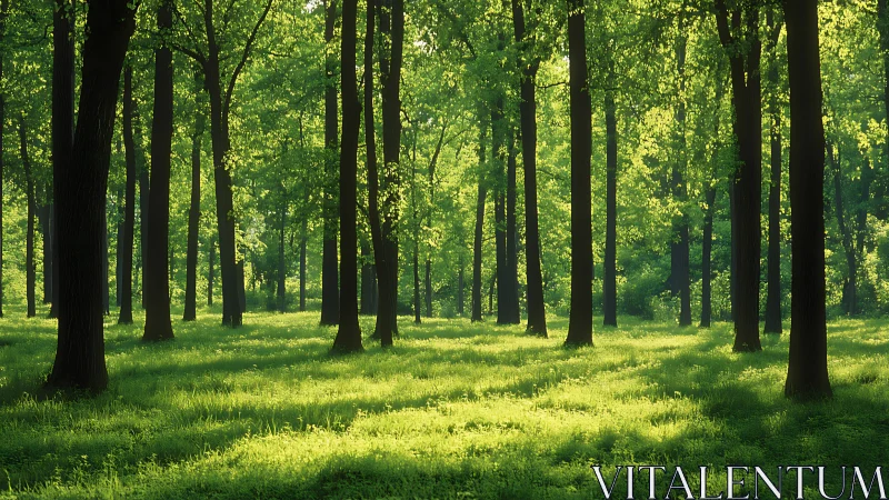 Sunlit Forest with Tall Trees and Lush Green Grass, Natural Style.