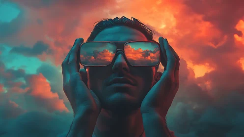 Surreal portrait with mirrored sunset clouds in reflective visor.
