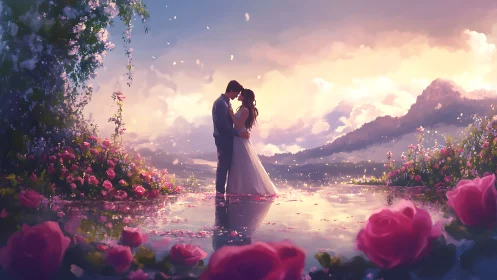 Romantic Couple Embracing in Ethereal Floral Landscape