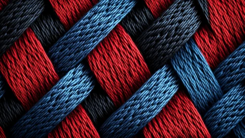Closeup of red and blue braided synthetic rope texture.