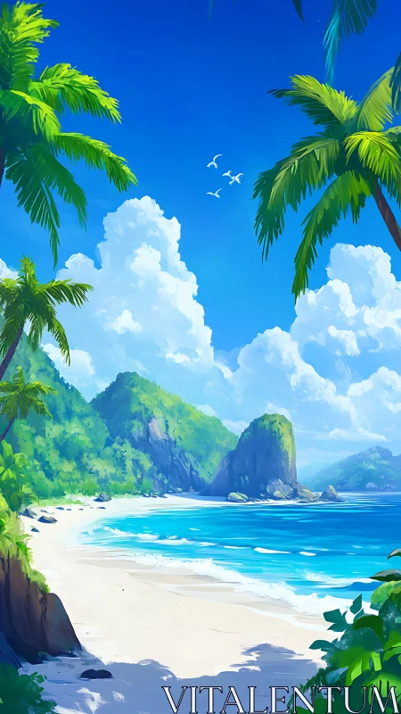 Tropical Paradise Beach Cove with Palm Fronds.