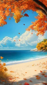 Autumn foliage above bright tropical style beach shoreline.