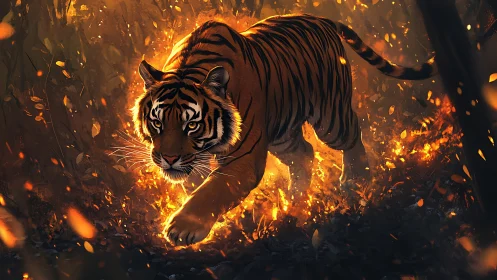 Digital painting of prowling tiger through ember-lit forest floor.