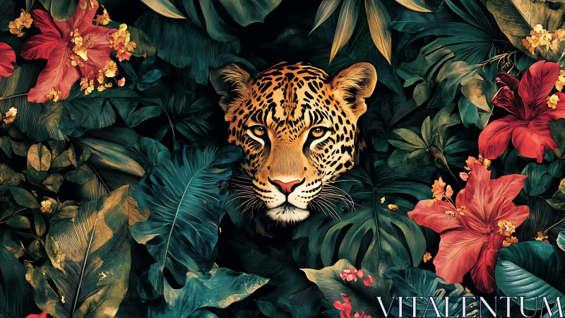 Jaguar face emerges from dense tropical foliage and flowers