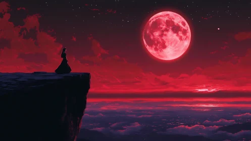 Solitary figure on cliff beneath luminous crimson moon.