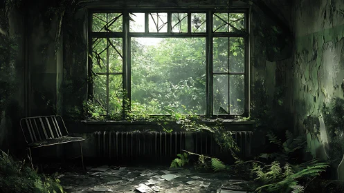 Overgrown window reveals lush forest reclaiming abandoned room