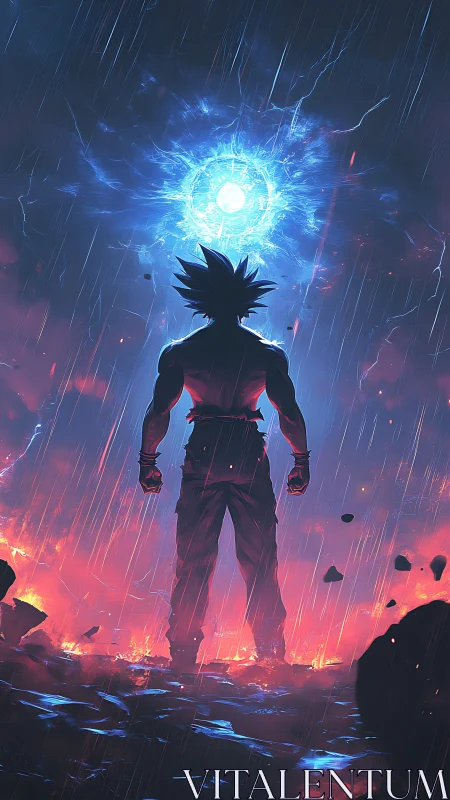 Silhouetted fighter under glowing storm energy sphere.